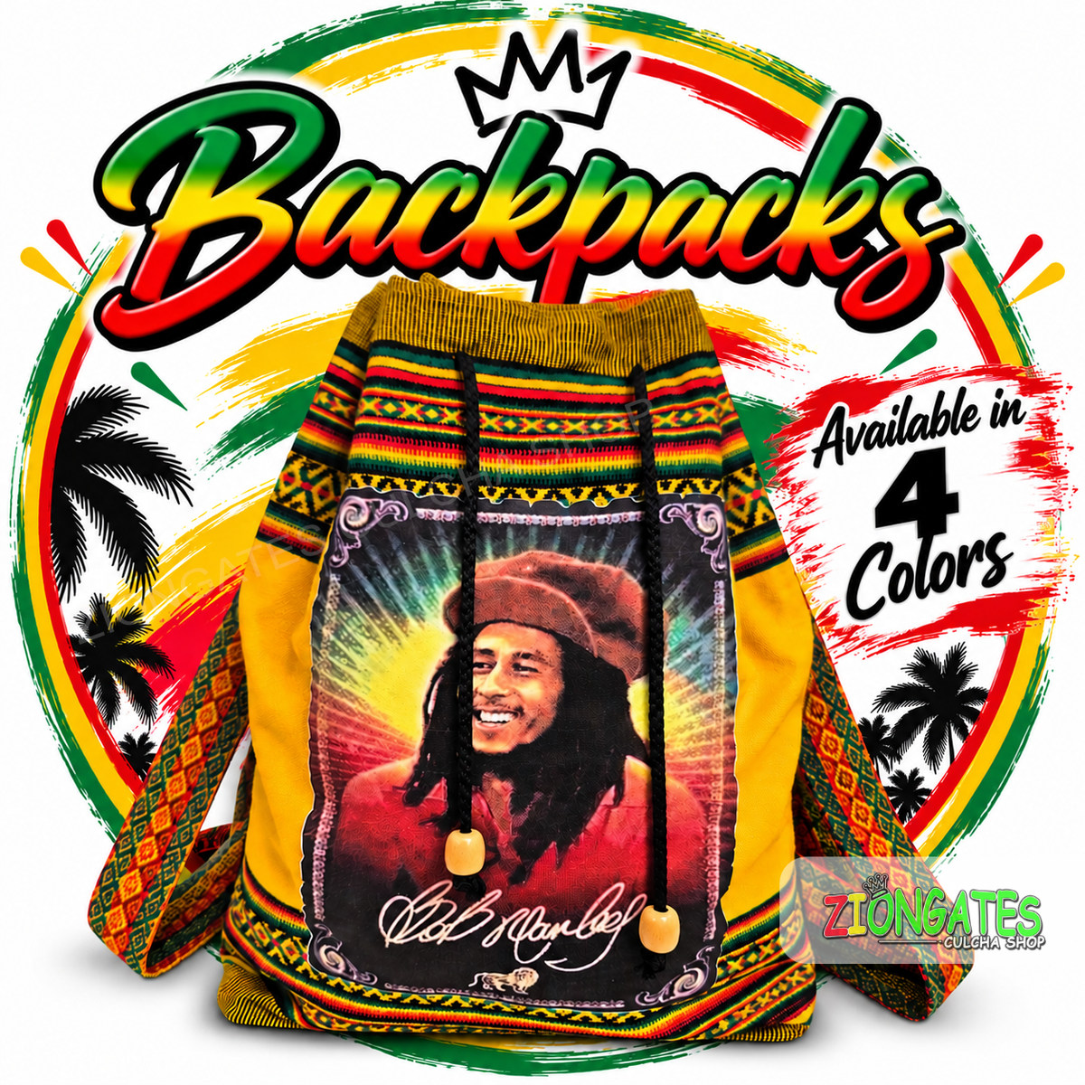 A yellow Rasta-themed drawstring backpack featuring a Bob Marley portrait, surrounded by a large promotional graphic with 'Backpacks' text, palm tree illustrations, and a 'Available in 4 Colors' badge.