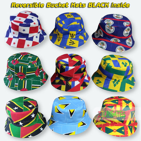 Caribbean Flag Bucket Hats - REVERSIBLE - Panama Barbados Belize St Vincent Antigua Dominica St Kitts St Lucia Grenada