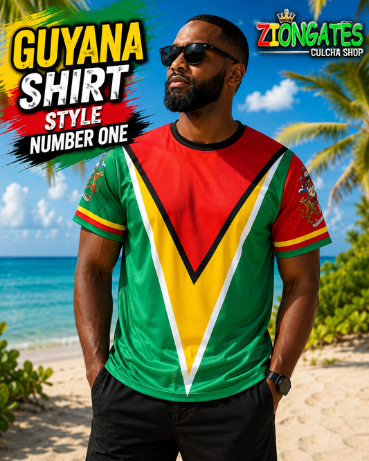 A man wearing a Guyana-themed short-sleeve t-shirt with a red, yellow, and green design resembling the national flag, standing on a tropical beach. The image includes promotional text overlays reading 'GUYANA SHIRT STYLE NUMBER ONE' and a 'ZIONGATES CULCHA SHOP' logo.