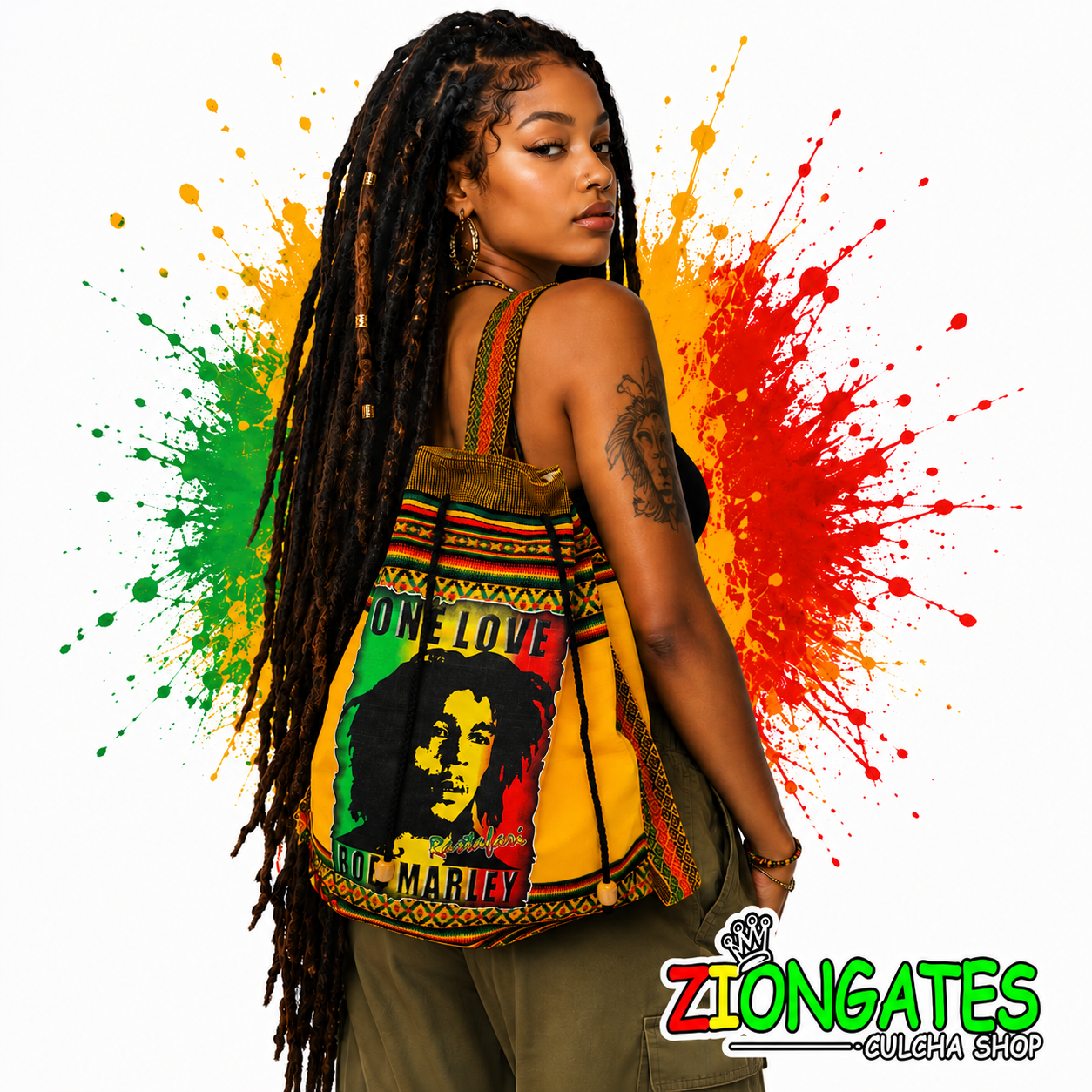 A woman with long black dreadlocks models a yellow Rasta-themed tote bag featuring Bob Marley artwork and the words 'ONE LOVE', 'BOB MARLY', The background is white with large red, yellow, and green paint splatters, and a 'ZIONGATES CULCHA SHOP' logo is in the bottom right corner.