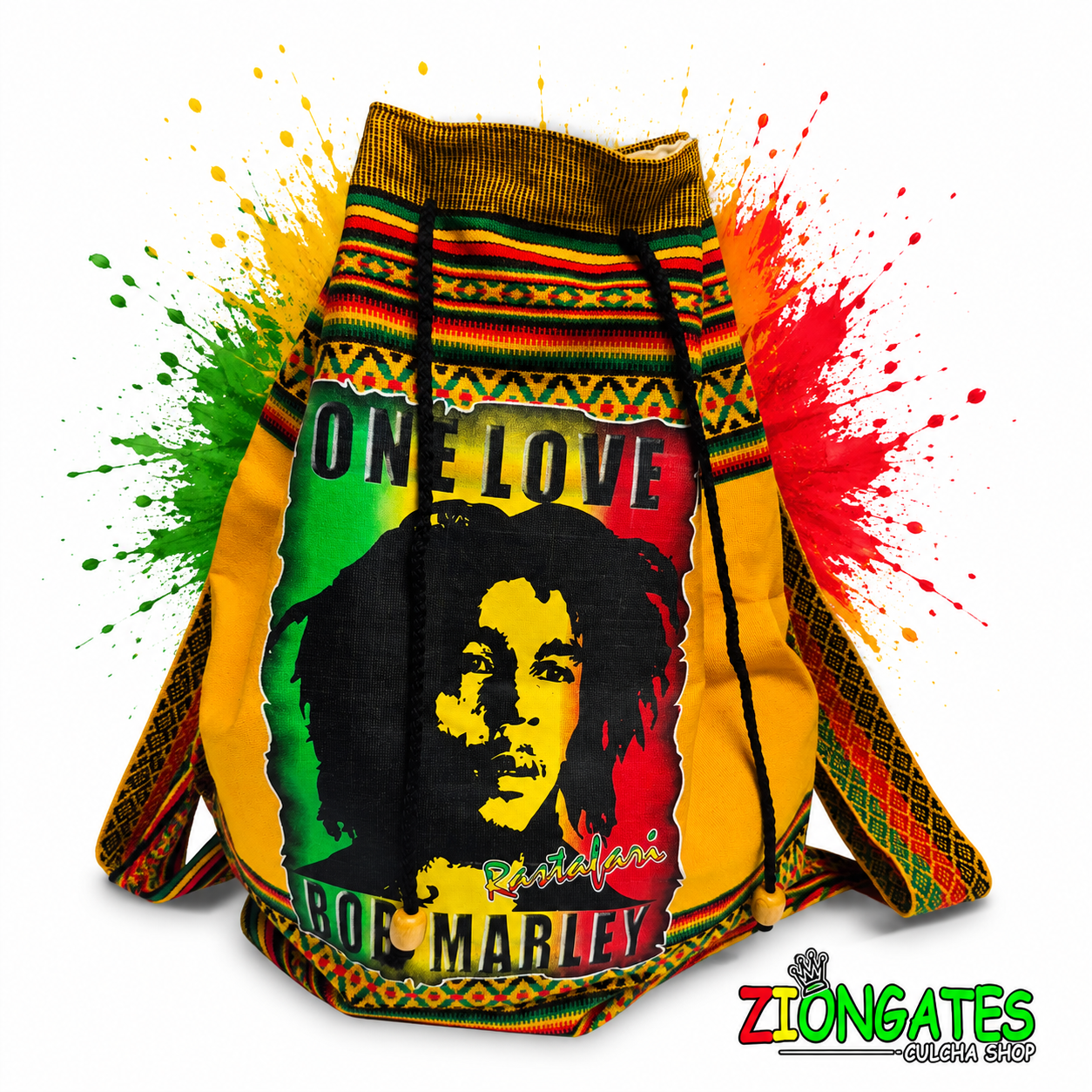 A Rasta-themed drawstring hoodie featuring Bob Marley artwork and 'One Love' text, decorated with vibrant green, yellow, and red paint splatters on a white background. The brand logo 'ZionGates' is visible in the bottom right corner.