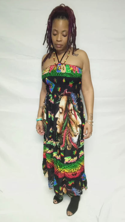 Women's Bob Marley long Black sun dress - Halter Top - Summer Dress - Bob face and Lion