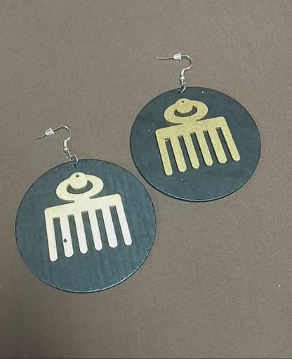 Round Afro PICK wooden earrings - Black - Brown