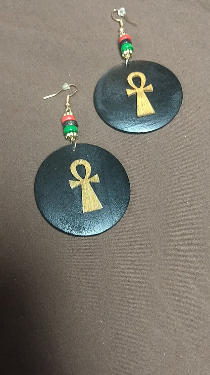 Small Wood ANKH Earrings w/ Red Black and Green beads- Afrocentric Earrings - Black - Brown - Black