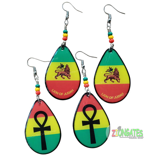 RASTA Earrings - Lion of Judah - Ankh