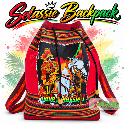 Haile Selassie riding a horse on Rasta backpack with Ethiopian-inspired colors