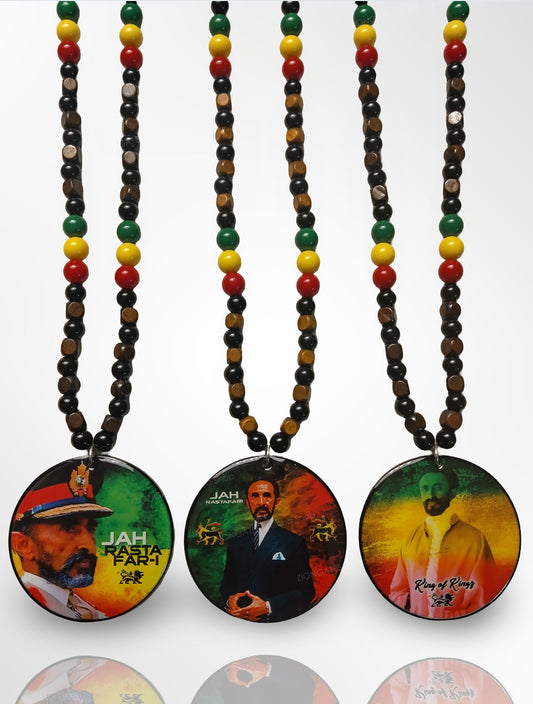 Haile Selassie Beaded Necklaces - Rasta - Red Yellow and Green - Large 3 inch