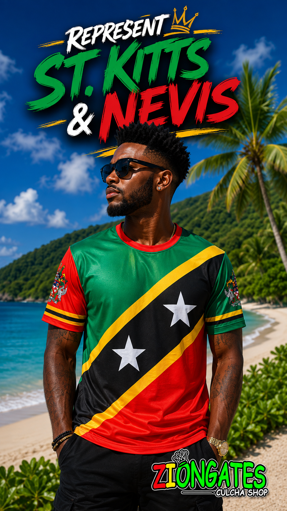 A man wearing a St. Kitts & Nevis national team jersey stands on a tropical beach with the words 'REPRESENT ST. Kitts And Nevis.