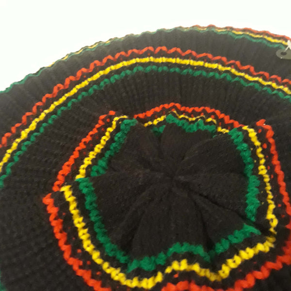 rh062 Medium black Rastafarian Crown AKA rasta hats tams dread locks cap red yellow and green stripes