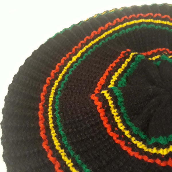 rh062 Medium black Rastafarian Crown AKA rasta hats tams dread locks cap red yellow and green stripes