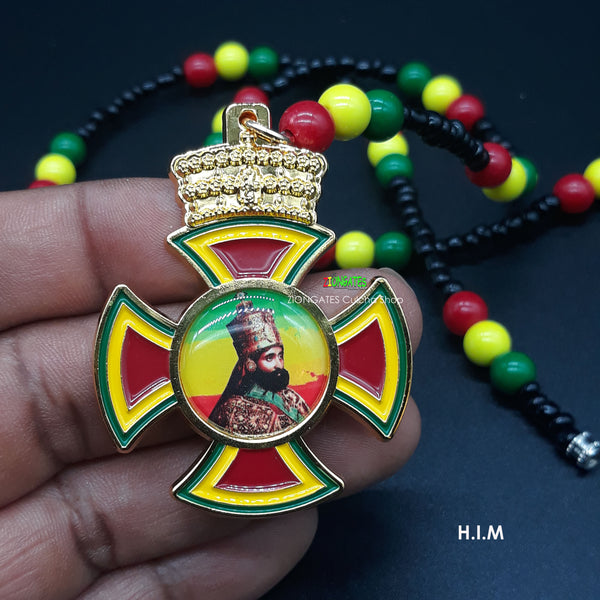 Haile Selassie Beaded Necklaces with metal cross - Rasta