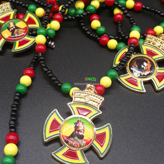 Haile Selassie Beaded Necklaces with metal cross - Rasta