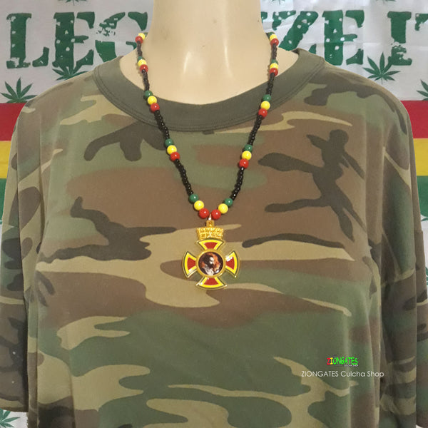 Haile Selassie Beaded Necklaces with metal cross - Rasta
