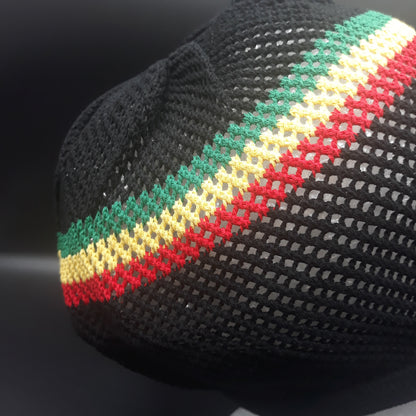 RH053-3RYG Medium Black Mesh Rastafarian Crown with Red Yellow and Green Stripes - Rasta hats tams dread locks cap