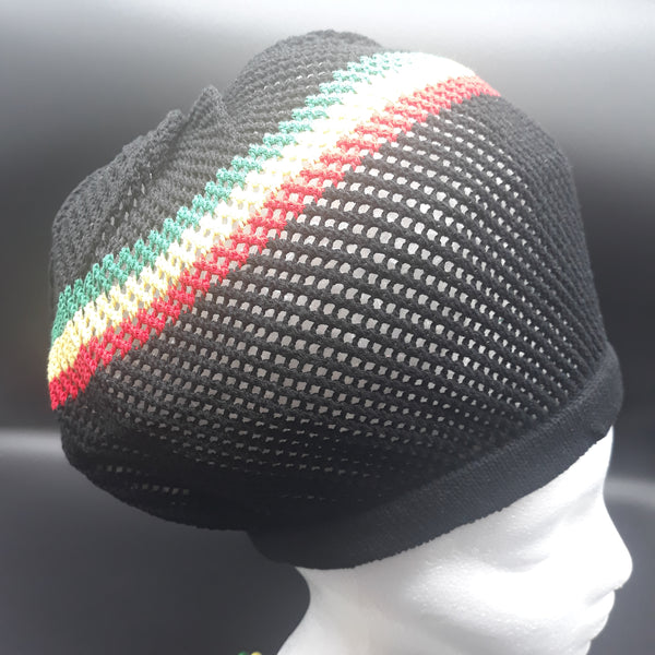 RH053-3RYG Medium Black Mesh Rastafarian Crown with Red Yellow and Green Stripes - Rasta hats tams dread locks cap