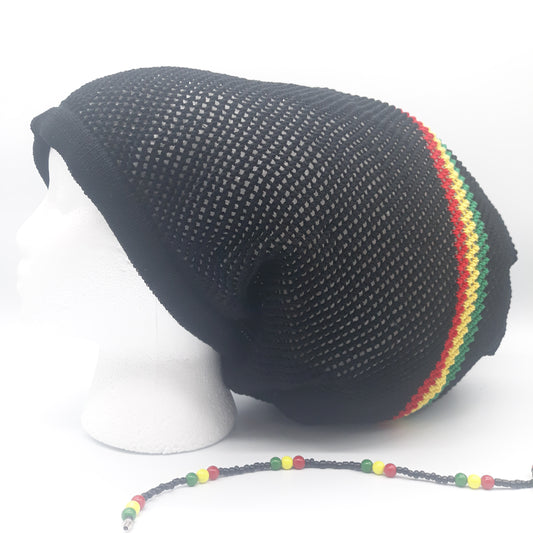 Black Mesh 2X Rastafarian Crown with red yellow green stripes - rasta hats tams dread locks cap - RH068