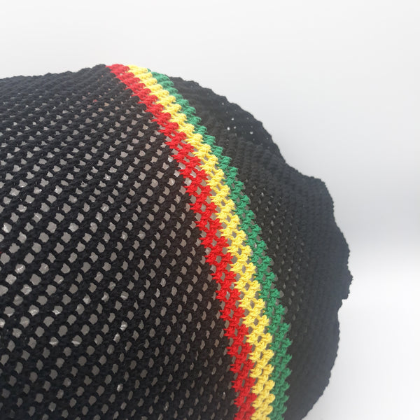 RH068 2X Black Mesh Rastafarian Crown with red yellow green stripes - rasta hats tams dread locks cap
