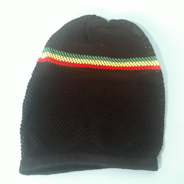 RH068 2X Black Mesh Rastafarian Crown with red yellow green stripes - rasta hats tams dread locks cap