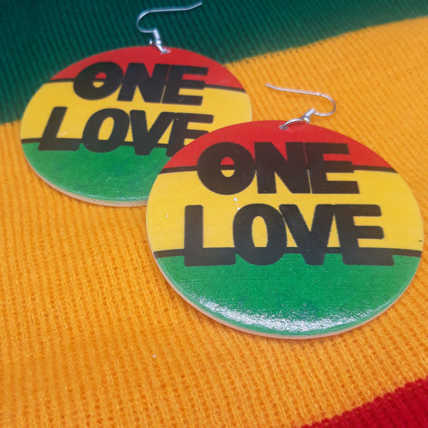 One Love Wooden Earrings - Rasta - Red Yellow and Green