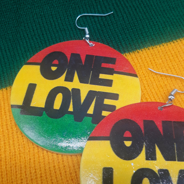 One Love Wooden Earrings - Rasta - Red Yellow and Green