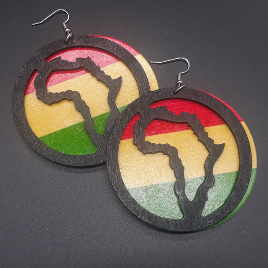 2 PIECE Red Yellow and Green Wooden earrings with outline of AFRICA - Rasta