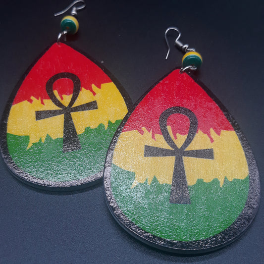 ANKH wooden earrings RYG - Rasta - Afrocentric Earrings