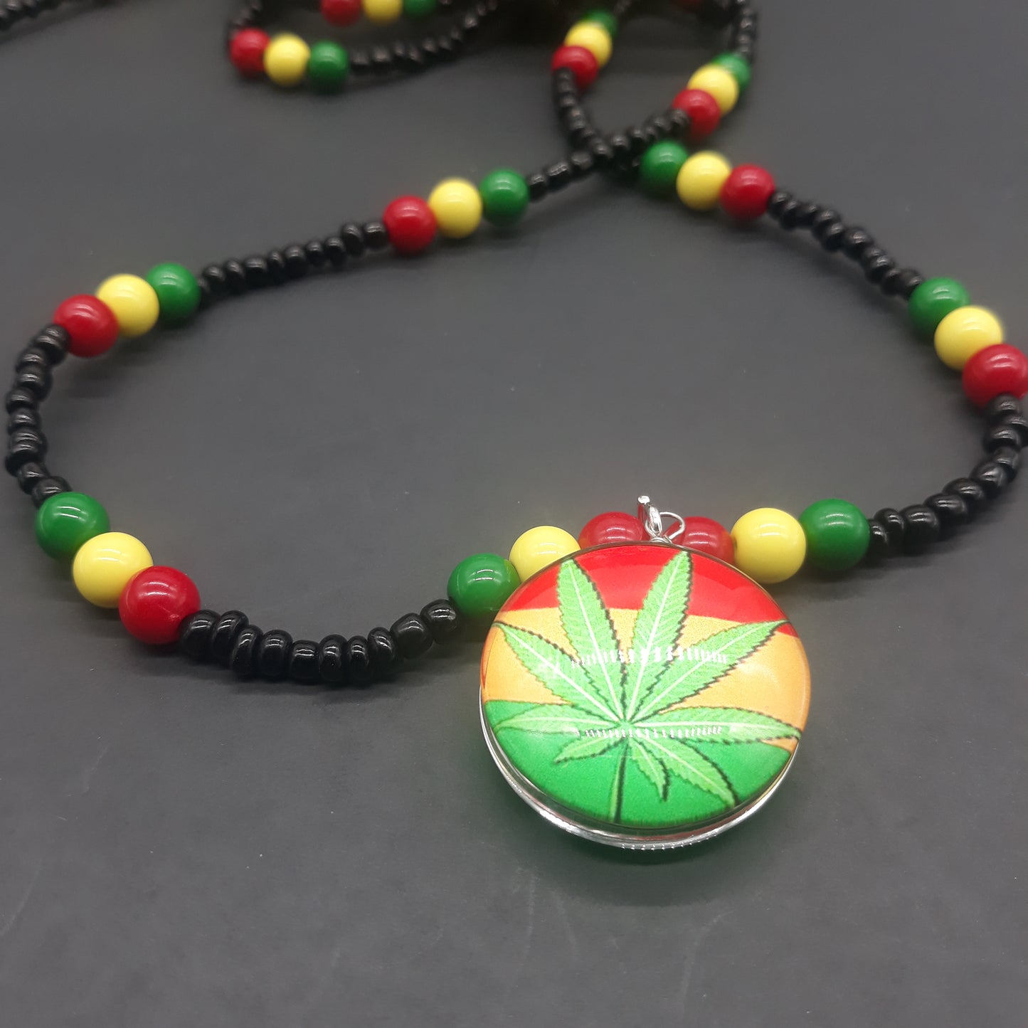 Red Yellow Green Glass Necklaces - Rasta Beaded Chain - Ganja Leaf - 420