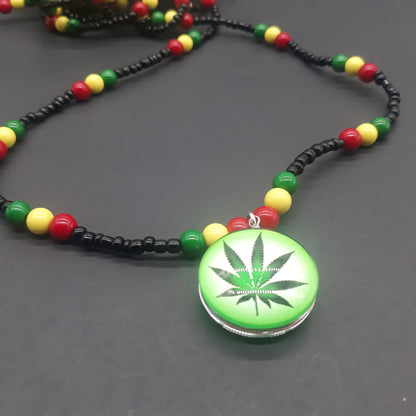 Red Yellow Green Glass Necklaces - Rasta Beaded Chain - Ganja Leaf - 420