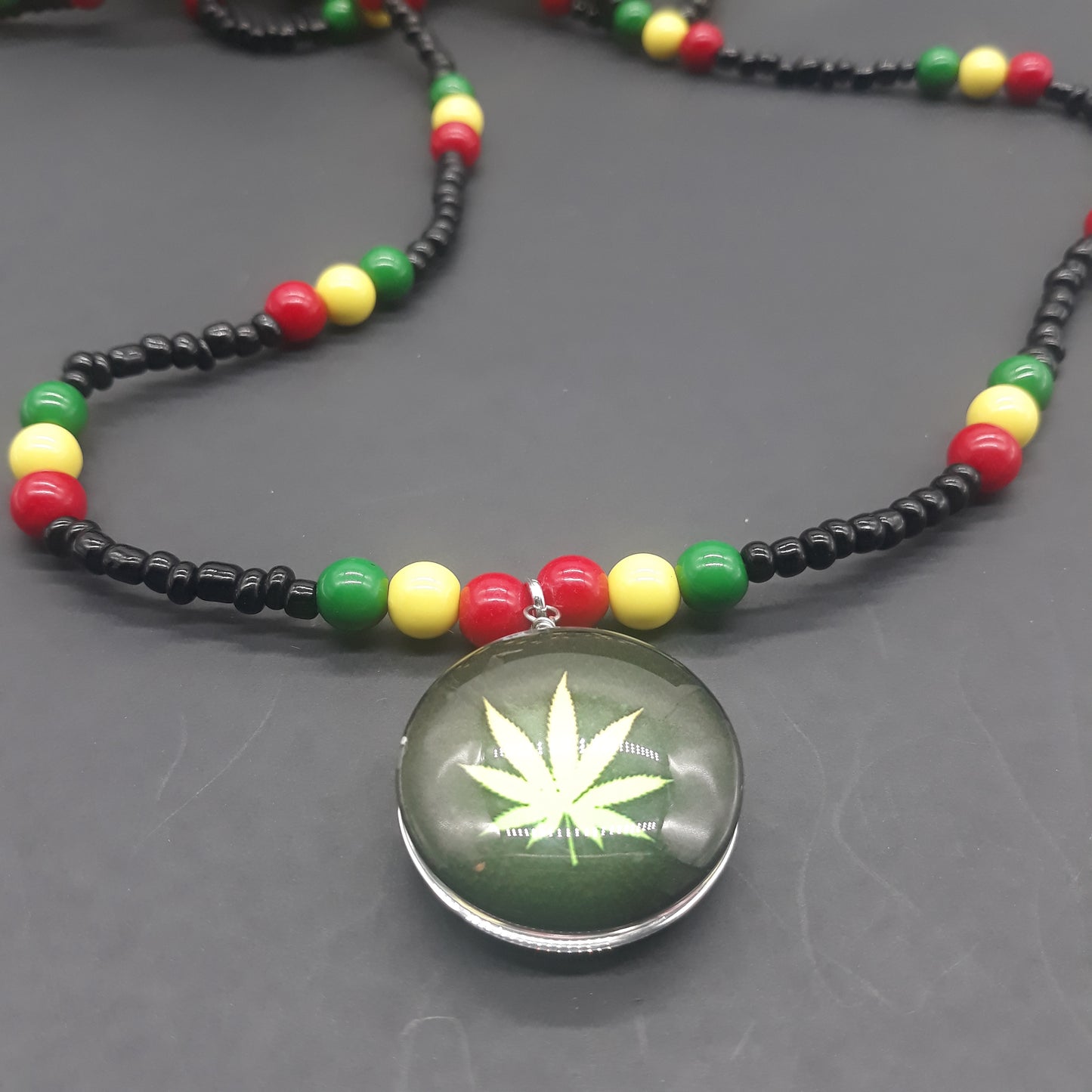 Red Yellow Green Glass Necklaces - Rasta Beaded Chain - Ganja Leaf - 420