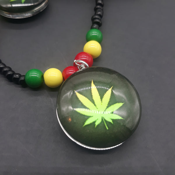 Red Yellow Green Glass Necklaces - Rasta Beaded Chain - Ganja Leaf - 420