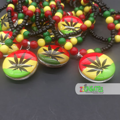 Red Yellow Green Glass Necklaces - Rasta Beaded Chain - Ganja Leaf - 420