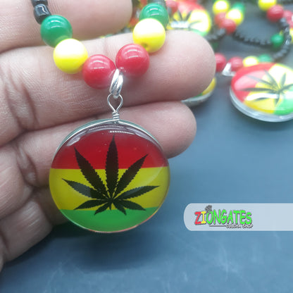 Red Yellow Green Glass Necklaces - Rasta Beaded Chain - Ganja Leaf - 420