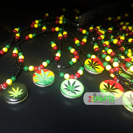 Red Yellow Green Glass Necklaces - Rasta Beaded Chain - Ganja Leaf - 420