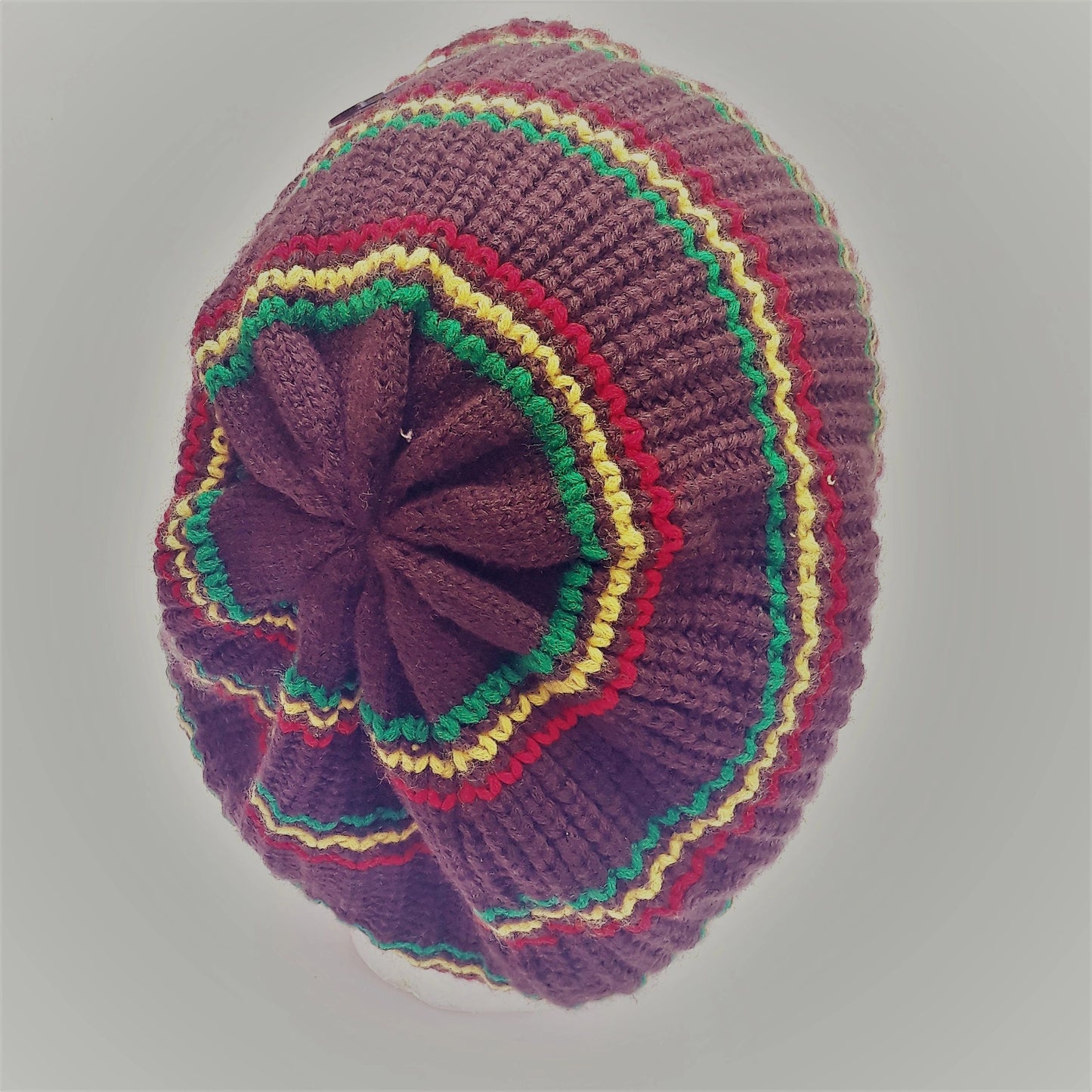 rh062 Medium brown Rastafarian Crown / rasta hats tams dread caps red yellow and green stripes