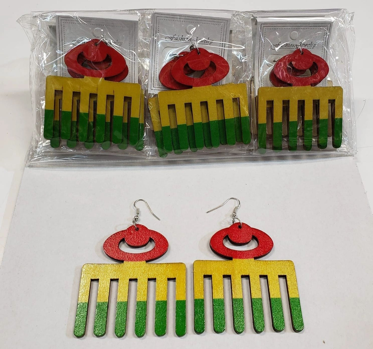 Afro PICK wooden earrings - Rasta