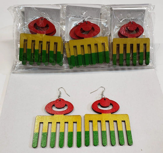 Afro PICK wooden earrings - Rasta