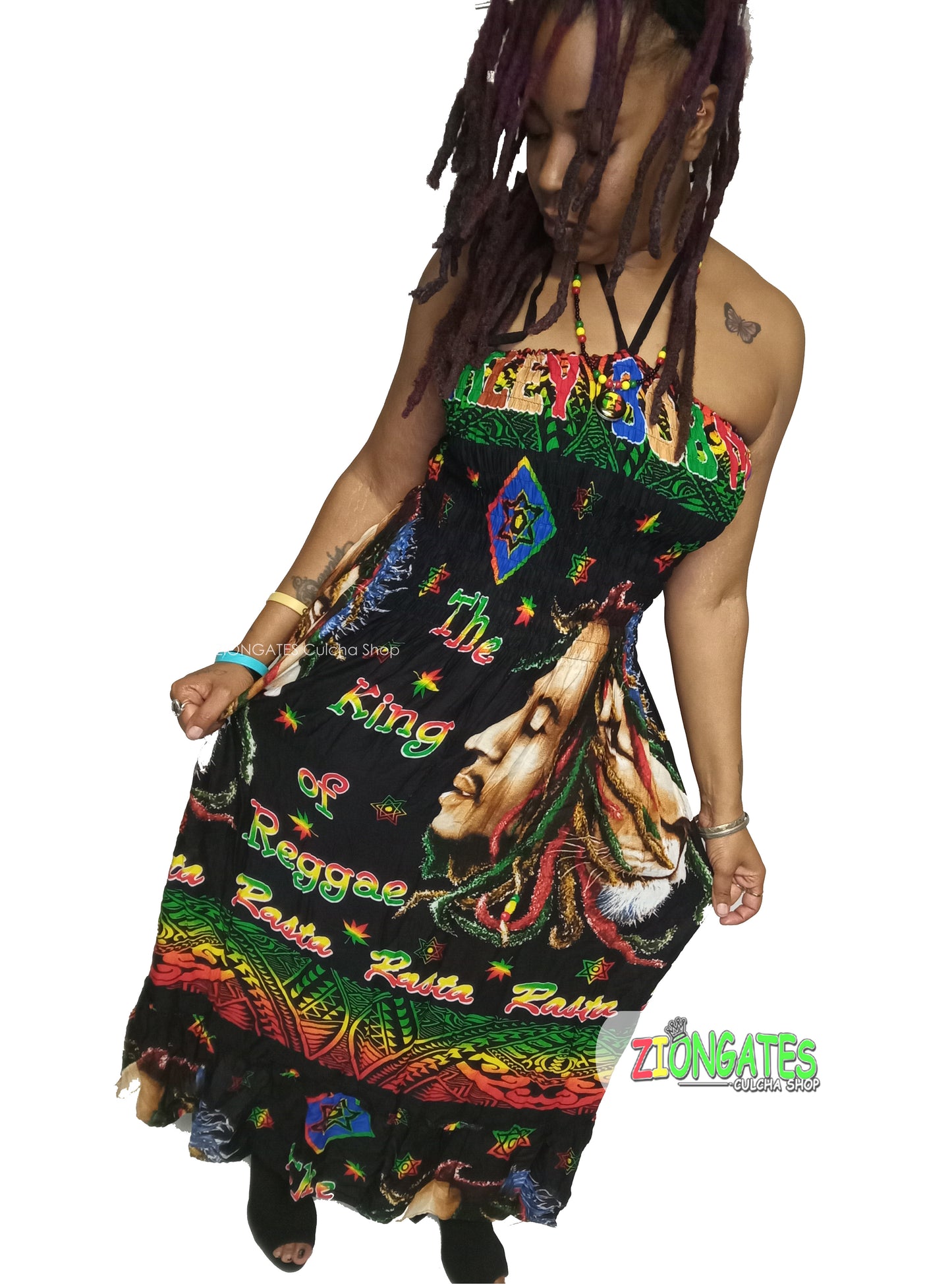 Women's Bob Marley long Black sun dress - Halter Top - Summer Dress - Bob face and Lion