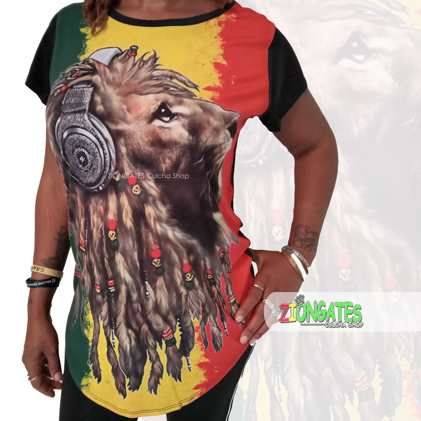 WOMENS RASTA Lion with headphones Spandex Shirt