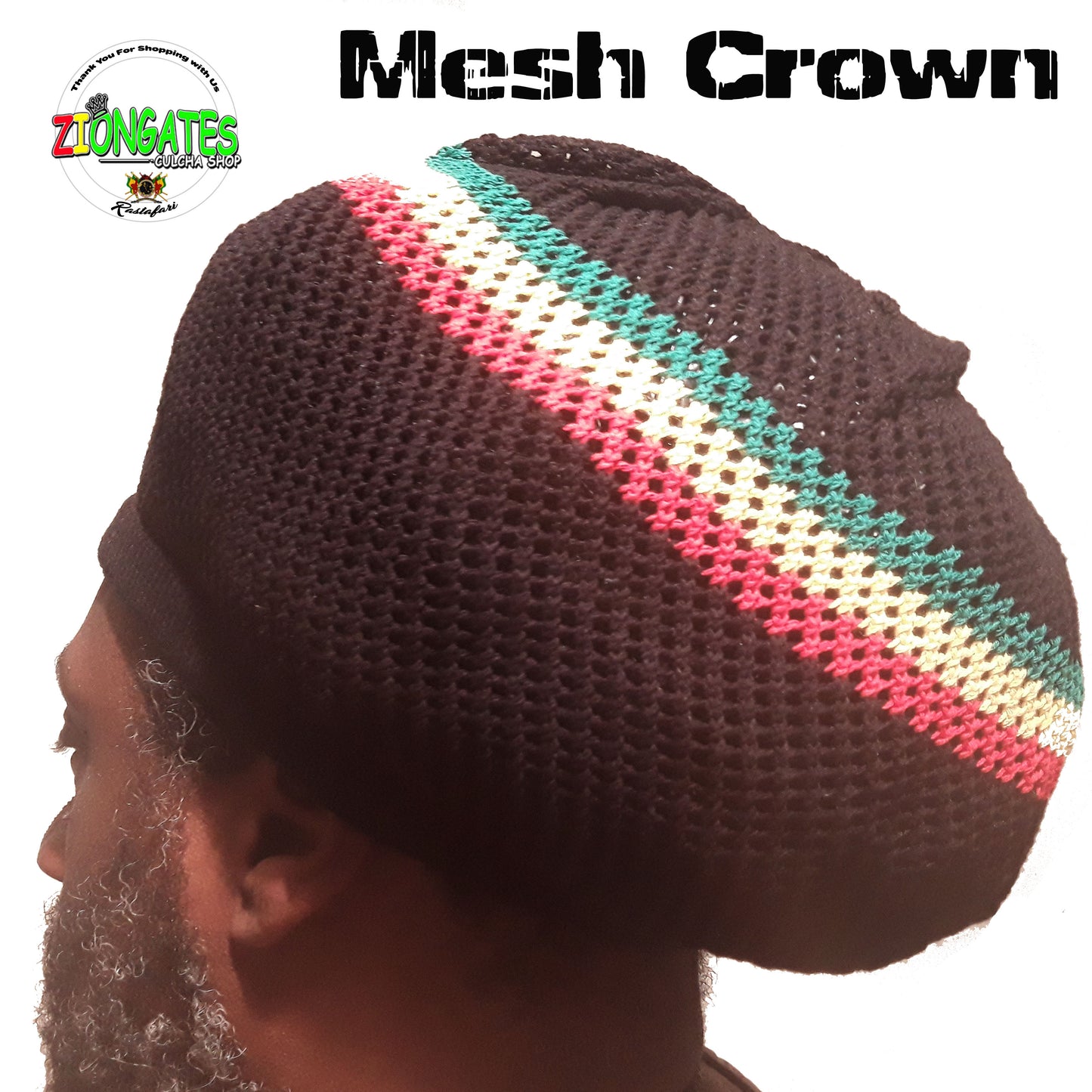 RH053-3RYG Medium Black Mesh Rastafarian Crown with Red Yellow and Green Stripes - Rasta hats tams dread locks cap