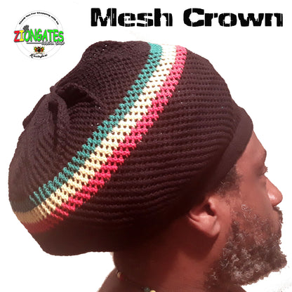 RH053-3RYG Medium Black Mesh Rastafarian Crown with Red Yellow and Green Stripes - Rasta hats tams dread locks cap