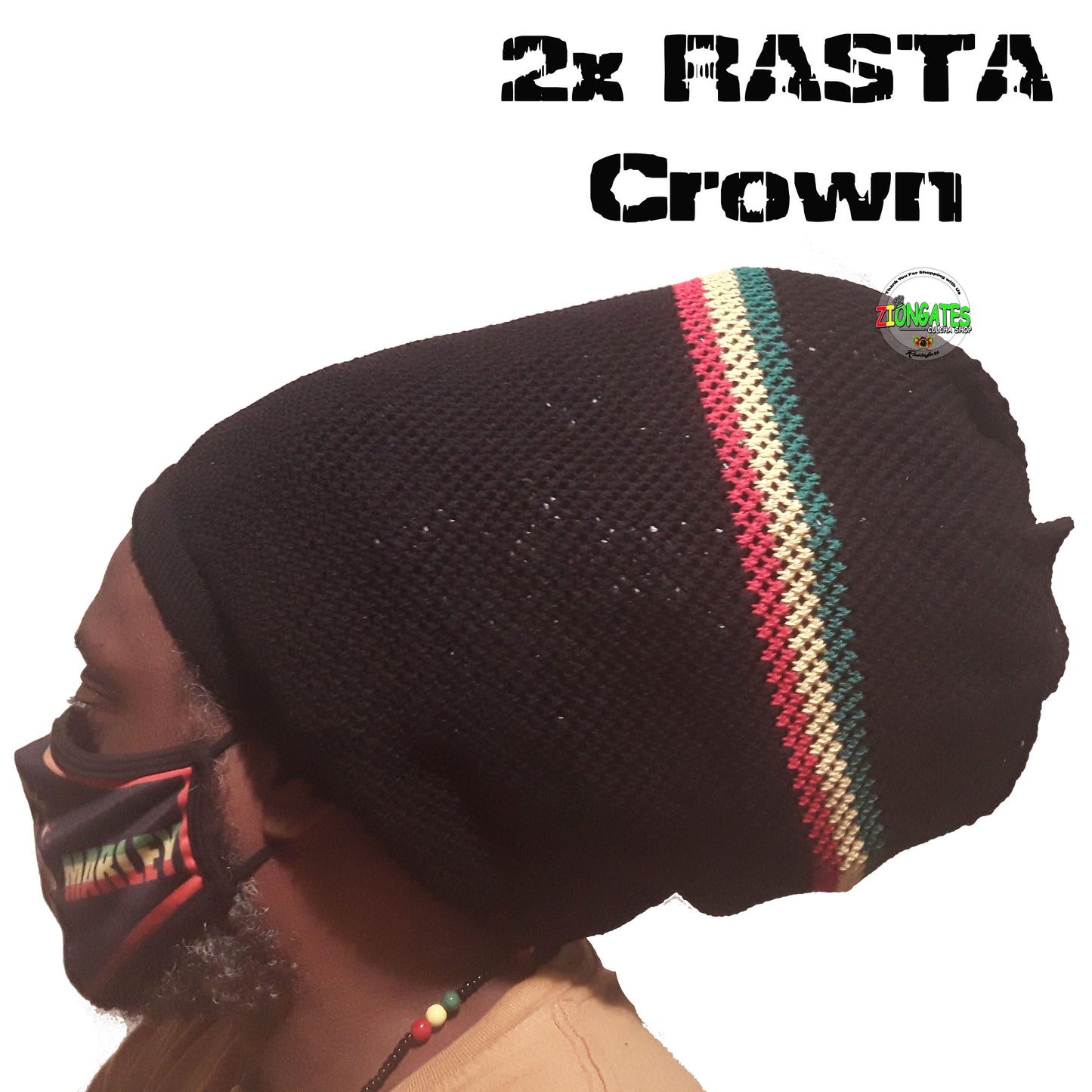 Black Mesh 2X Rastafarian Crown with red yellow green stripes - rasta hats tams dread locks cap - RH068