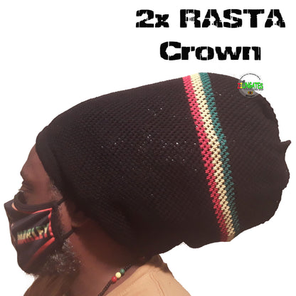 Black Mesh 2X Rastafarian Crown with red yellow green stripes - rasta hats tams dread locks cap - RH068