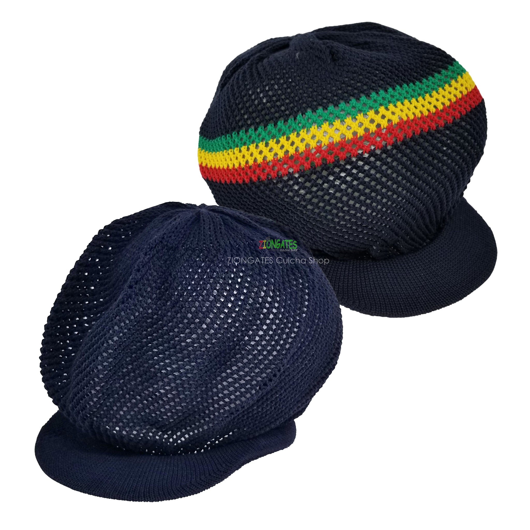 RH035-11 Medium Blue MESH crown Rastafarian Crown AKA rasta hats tams dread locks cap with red yellow green stripes