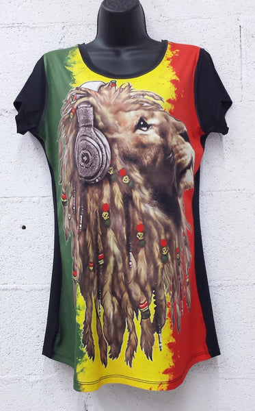 WOMENS RASTA Lion with headphones Spandex Shirt