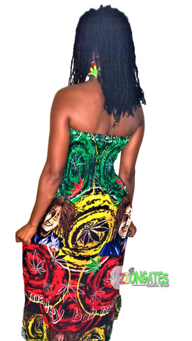 Women's Bob Marley long sun dress - Halter Top - Shoulder Strap - Ganja leaf - Summer Dress