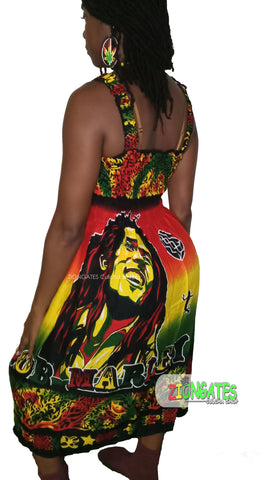 Women's Bob Marley long sun dress with shoulder straps - Shirred top - Rasta