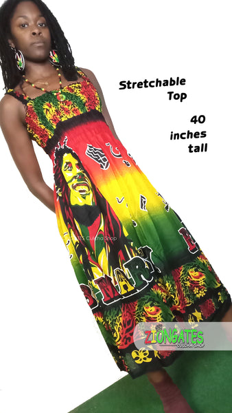 Women's Bob Marley long sun dress with shoulder straps - Shirred top - Rasta