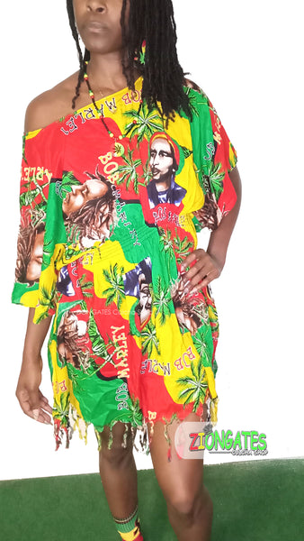 Women's Bob Marley Short Shirred Shirt Dress - Rasta