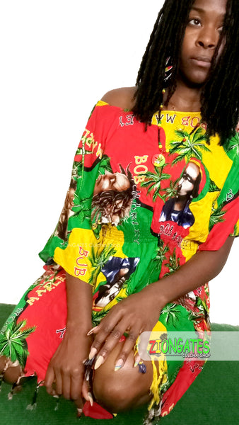Women's Bob Marley Short Shirred Shirt Dress - Rasta