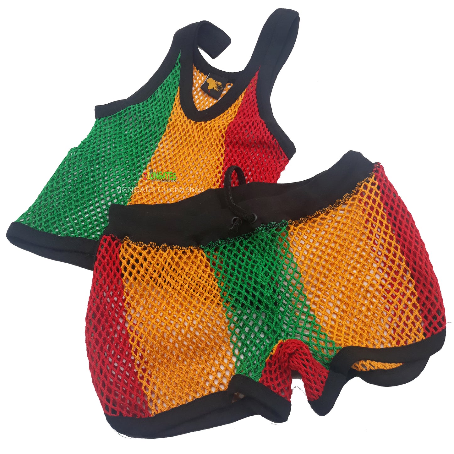 Women's 2 piece Mesh Short set - Rasta - Red Yellow and Green - Jamaica - Beach cover up